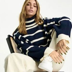TOPSHOP‎ Oversized Striped Turtleneck Sweater Blue Size 0-2 NWOT